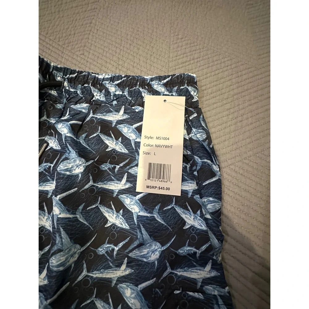Centro Mens Swim Trunks Navy White Shark Print Shorts MS1004 Large NWT